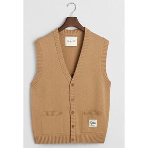 GANT Mens Camel Tan Button Front Knit Vest Sweater Pockets Size M